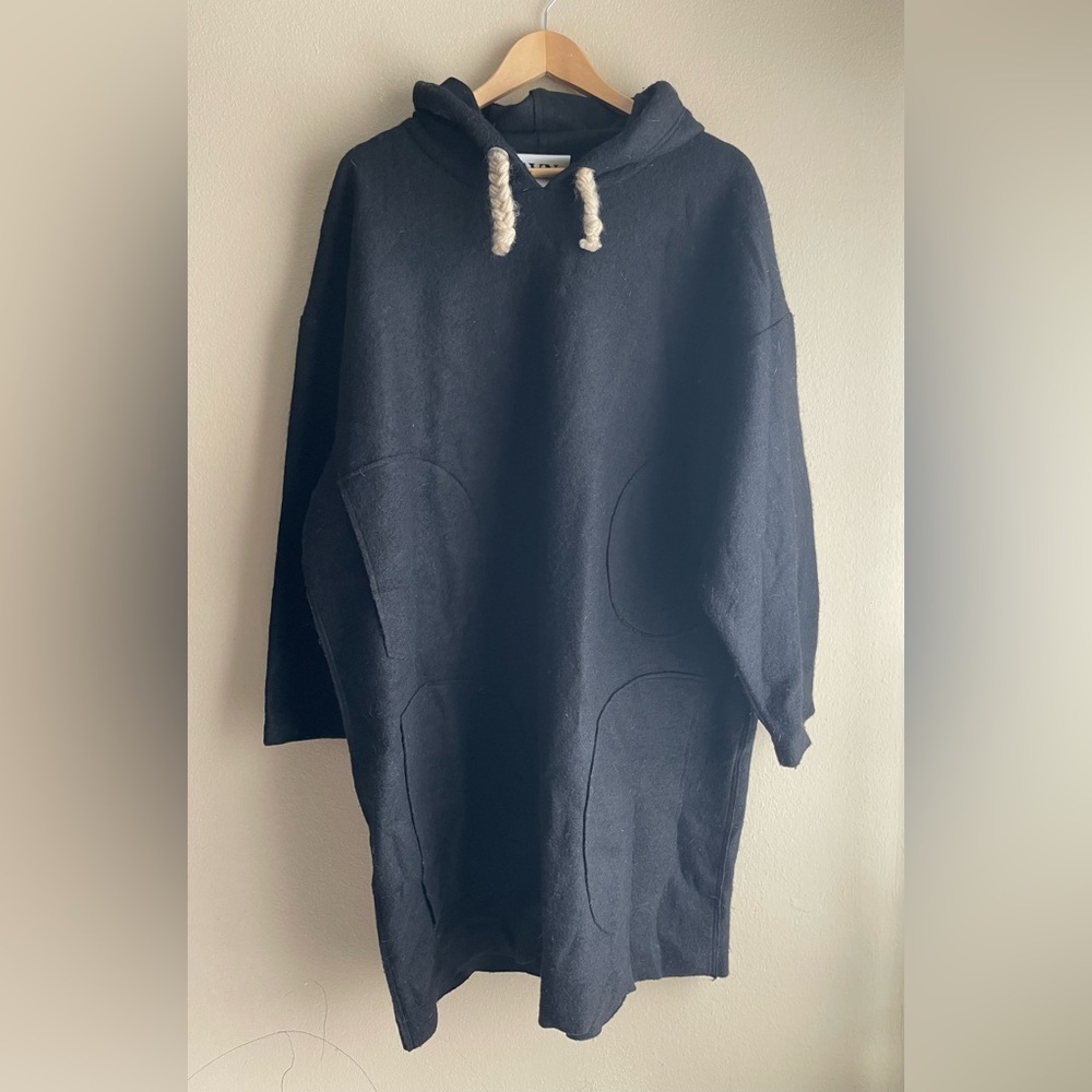 AVN Women Italy Black Wool Coat Oversized Long Sweater Hoodie Cardigan 46